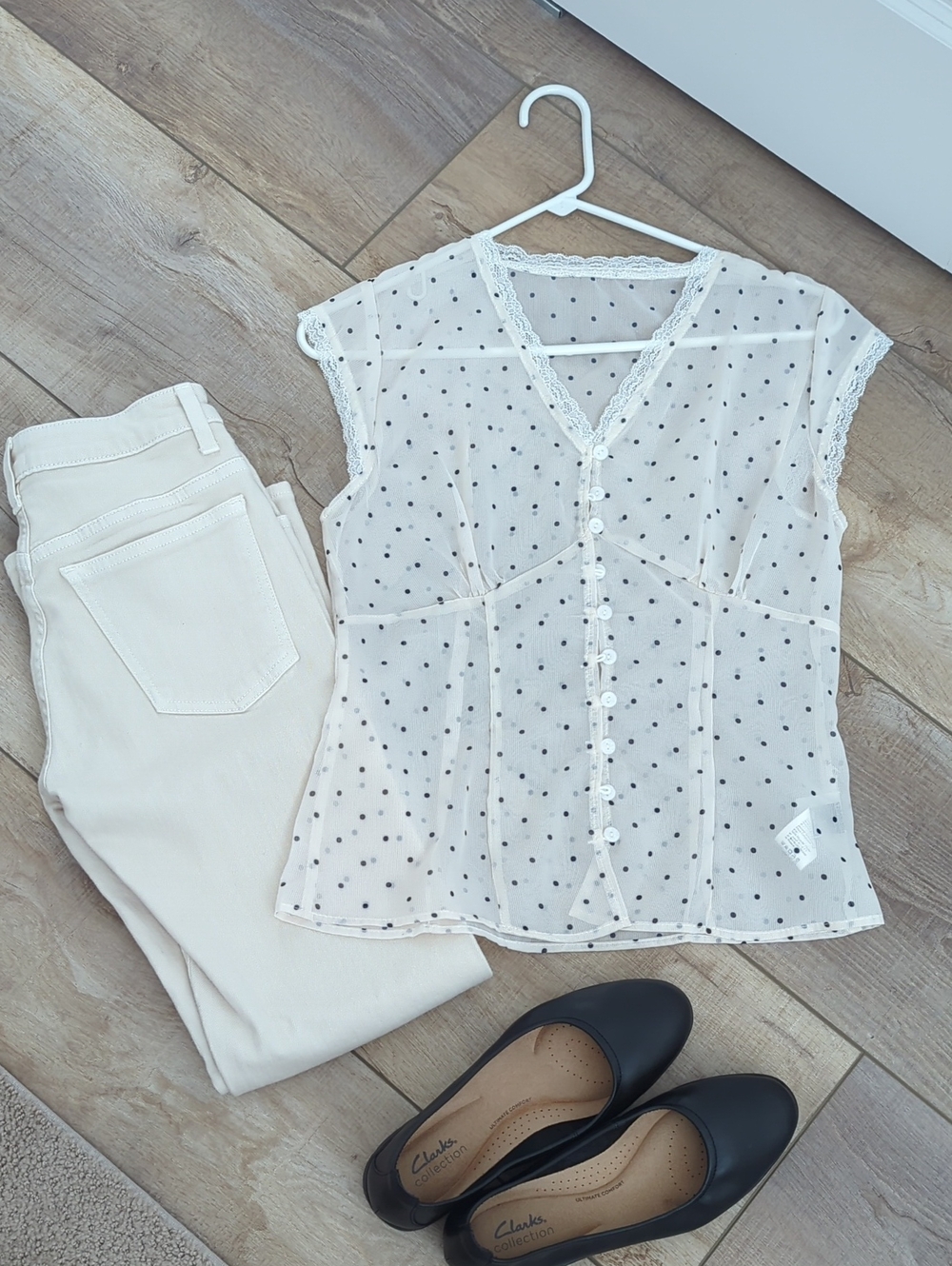 SHEIN Ivory Sheer Polka Dot Lace-Trim Button Front Blouse